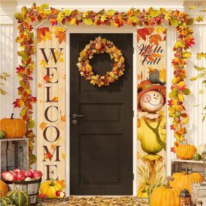 Fall Scarecrow Porch Banner Sign Welcome Fall Pumpkin Maple Leaf Banners Autumn